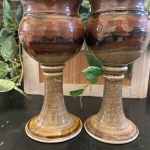 Handmade studio art pottery Rustic Brown Tan Goblets chalice set mid centboho